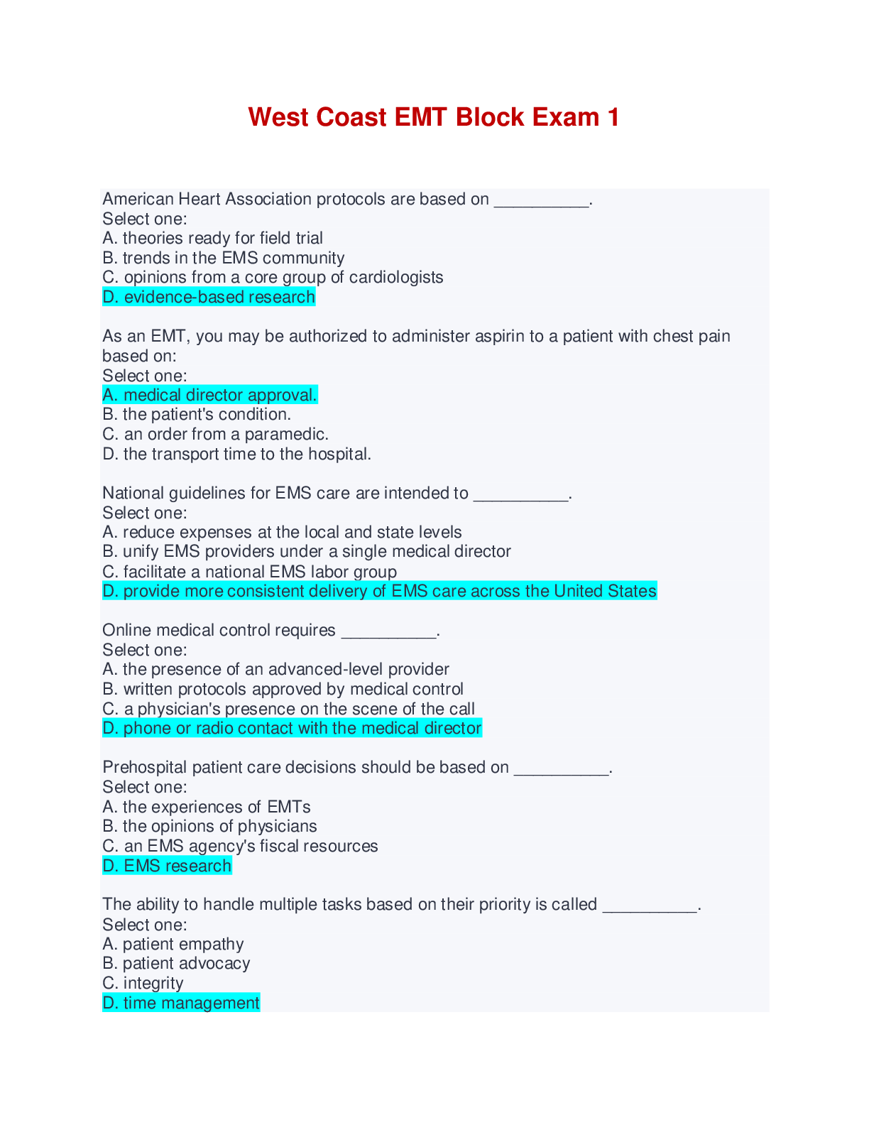 West Coast EMT Block Exam 1, 2 & 3 BUNDLE Browsegrades